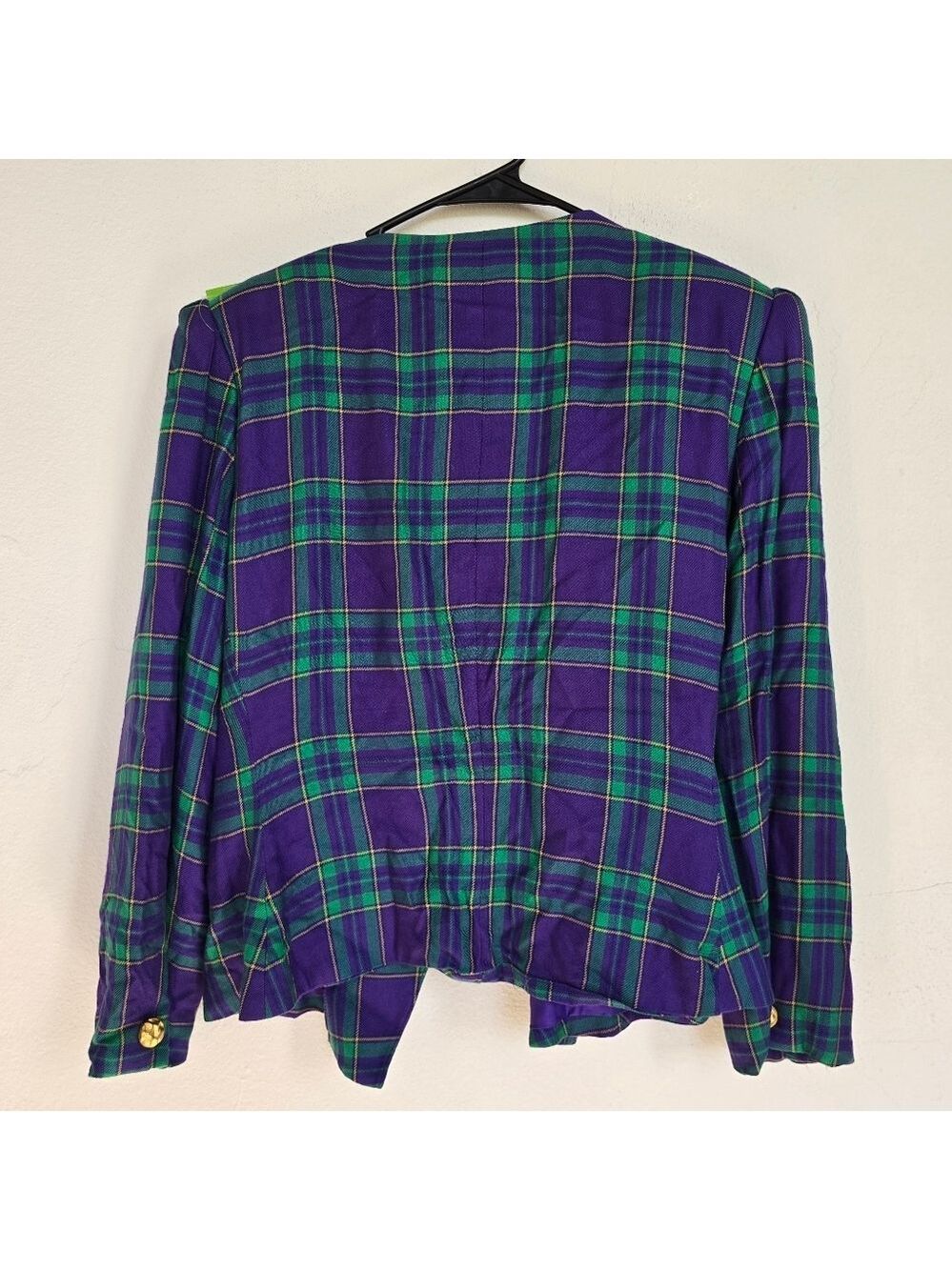 Lord & Taylor Purple Green Plaid Vintage Blazer Chunky Gold Buttons - Picture 14 of 14